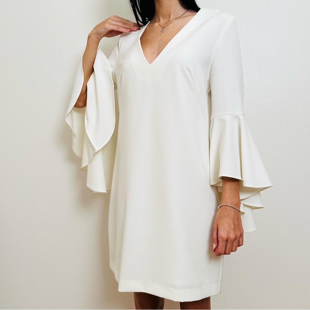 Milly Ivory V-Neck Shift Dress Bell Sleeve Mini